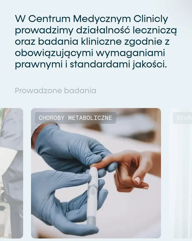 Opis CM Clinicly i slider Prowadzone badania na stronie głównej na telefonie