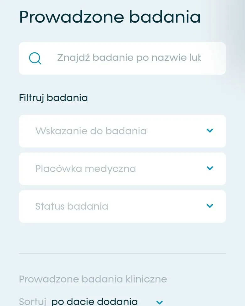 Wyszukiwarka i filtry badań klinicznych na telefonie