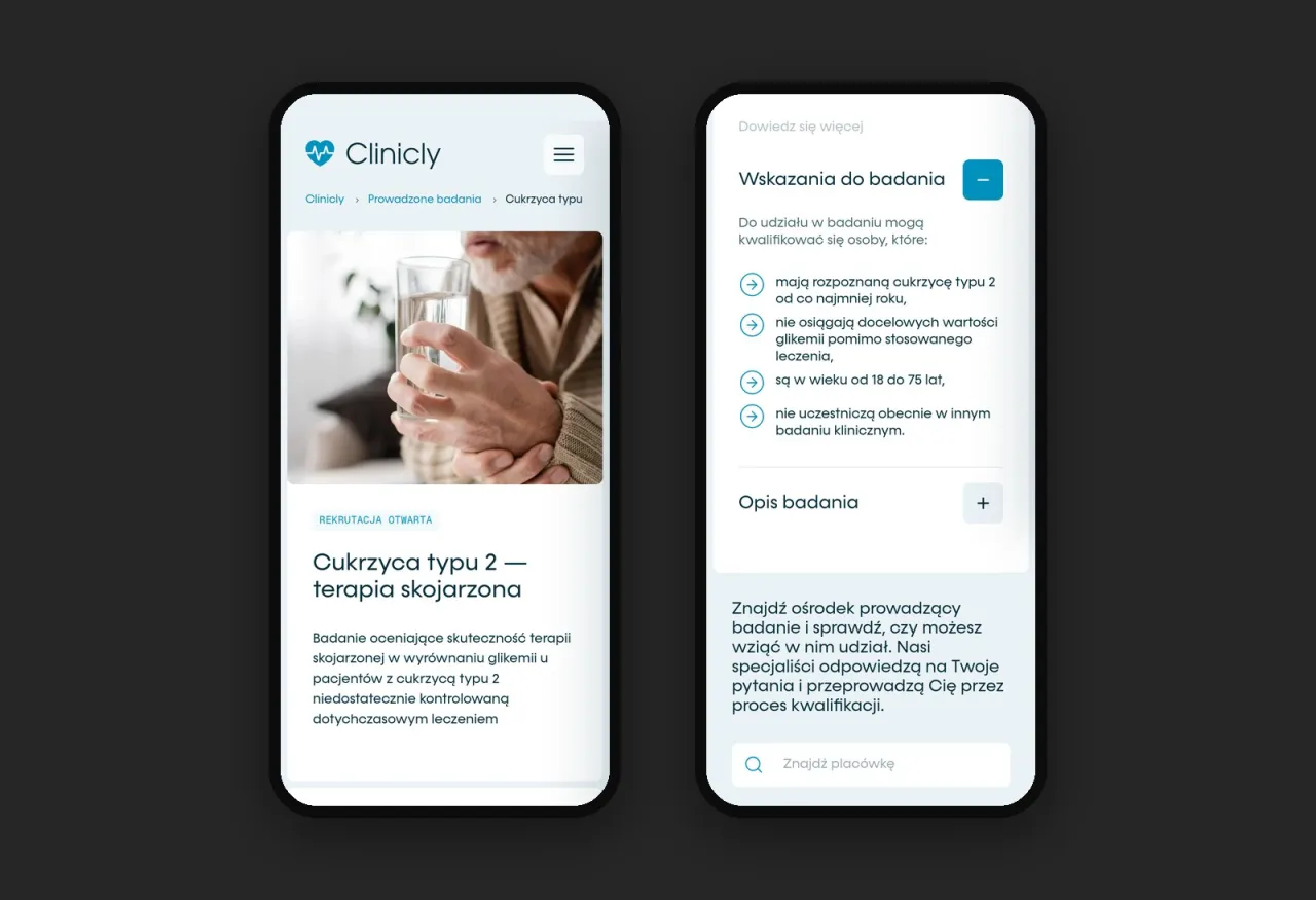 Karta badania klinicznego na clinicly.eu na telefonie: status Rekrutacja otwarta, opis i rozwinięte Wskazania do badania