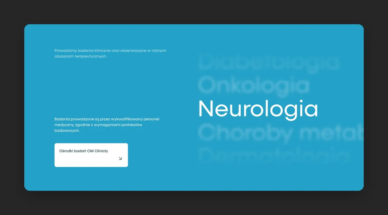 Sekcja z obszarami terapeutycznymi na stronie głównej Clinicly z wyróżnioną neurologią