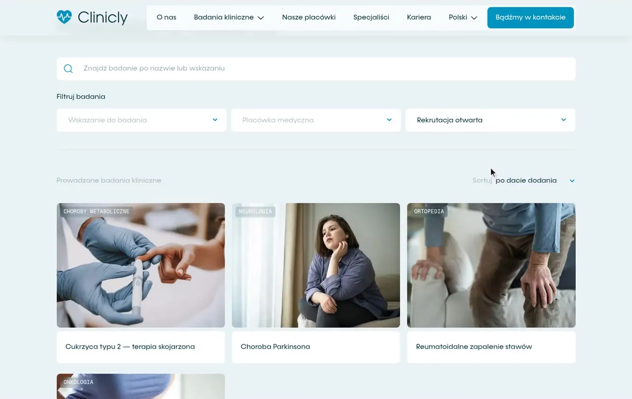 Wyszukiwarka badań klinicznych na clinicly.eu z filtrem statusu Rekrutacja otwarta