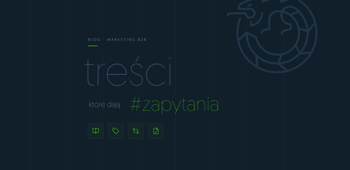 Ilustracja: content marketing B2B – ikony poradnika, cennika, porównania i wdrożenia na granatowym tle