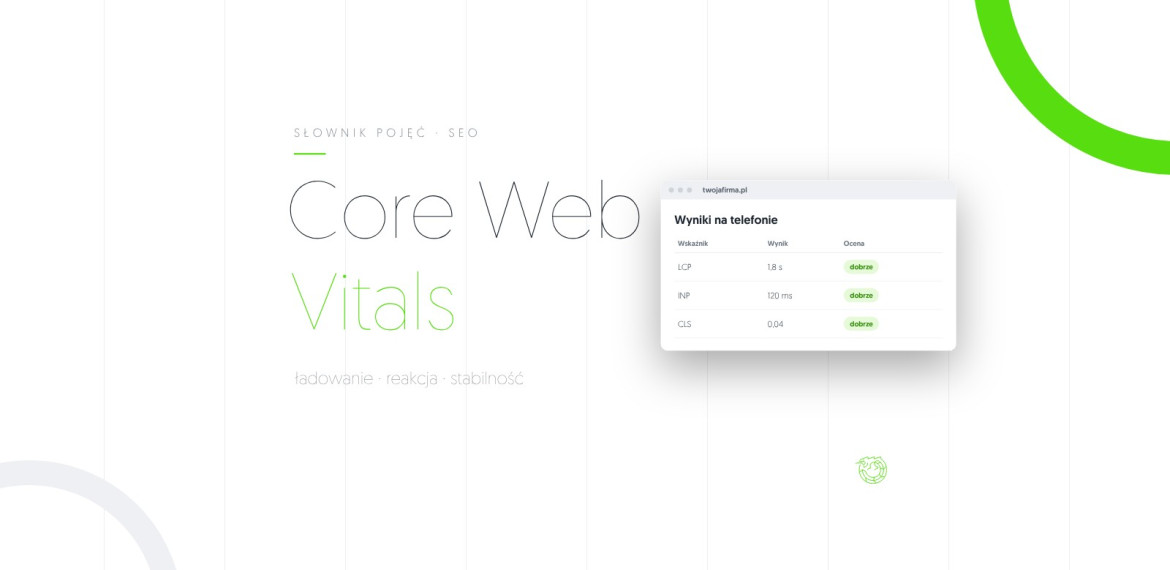 Ilustracja: napis Core Web Vitals i okno z wynikami LCP, INP i CLS strony na telefonie