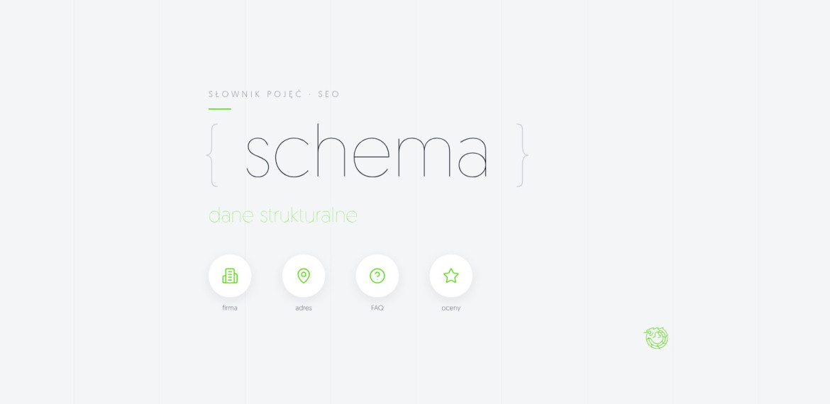 Ilustracja: napis schema – dane strukturalne z ikonami firmy, adresu, FAQ i ocen