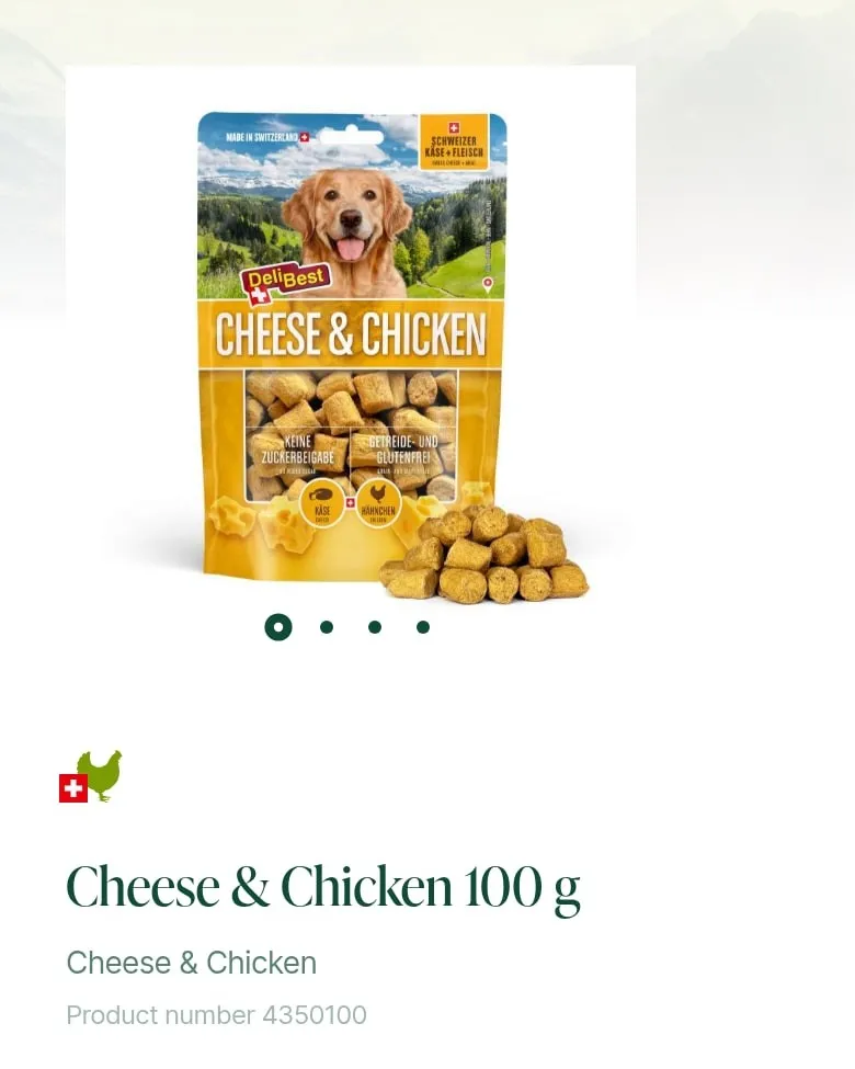 Karta produktu „Cheese & Chicken 100 g” z galerią zdjęć na telefonie