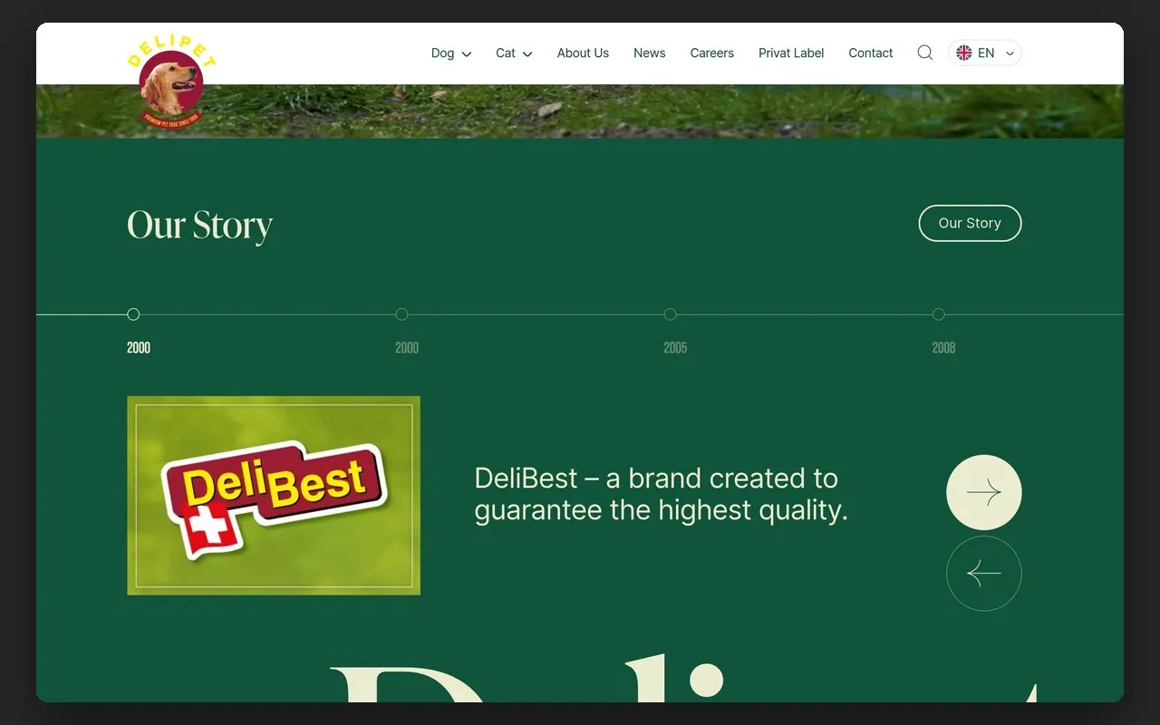 Oś czasu „Our Story” z wpisem o marce DeliBest na delipet.com