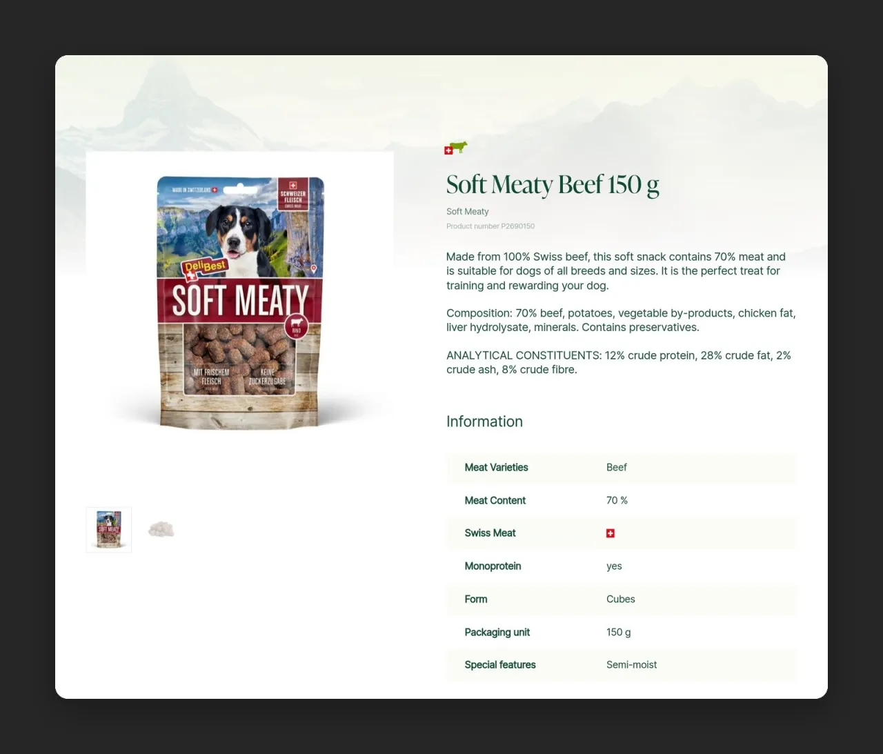 Karta produktu „Soft Meaty Beef 150 g” z tabelą „Information” na delipet.com