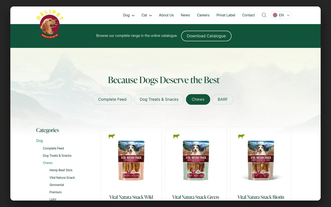 Kategoria „Chews” w katalogu produktów delipet.com z rozwiniętymi podkategoriami