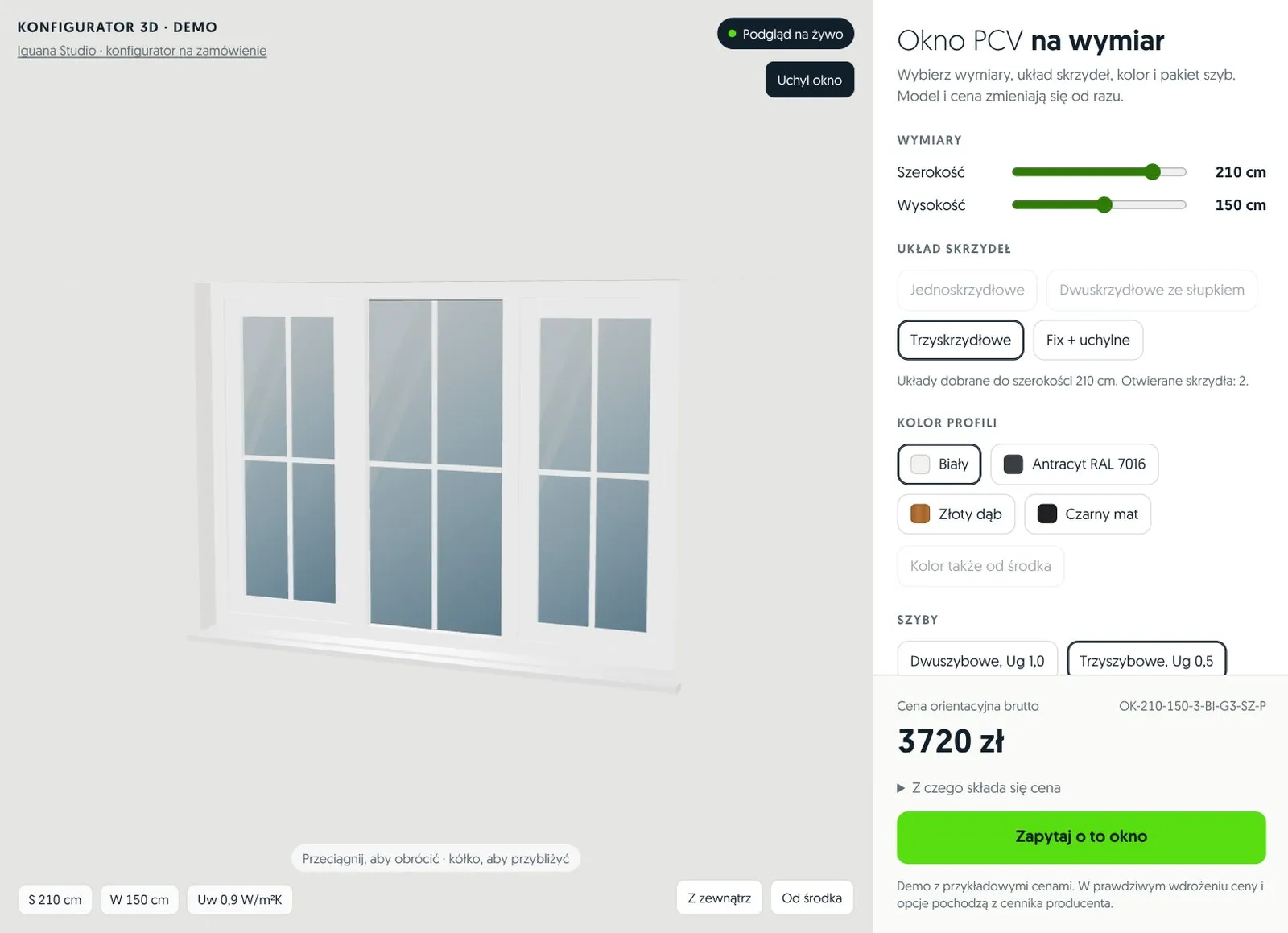 Demo konfiguratora 3D okna PCV: białe okno trzyskrzydłowe ze szprosami, wymiary i cena