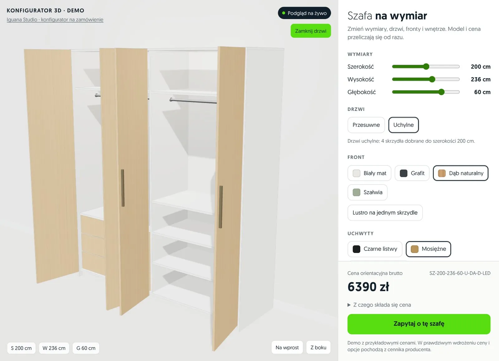 Demo konfiguratora 3D szafy na wymiar: otwarte drzwi uchylne, front dąb naturalny, wymiary i cena