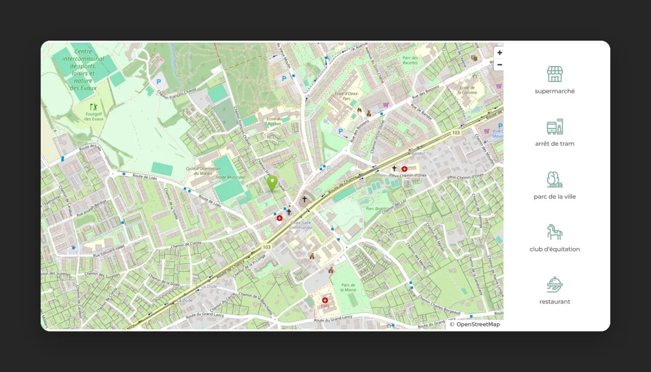 Sekcja Localisation z mapą okolicy i pięcioma kategoriami punktów