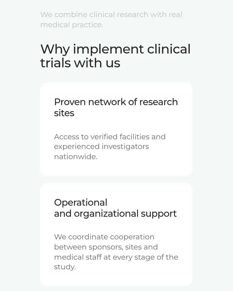 Angielska wersja strony Farmepo na telefonie: sekcja Why implement clinical trials with us