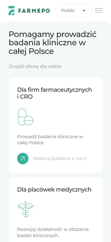 Podstrona Oferta farmepo.com na telefonie: ścieżki dla firm farmaceutycznych i CRO oraz placówek medycznych