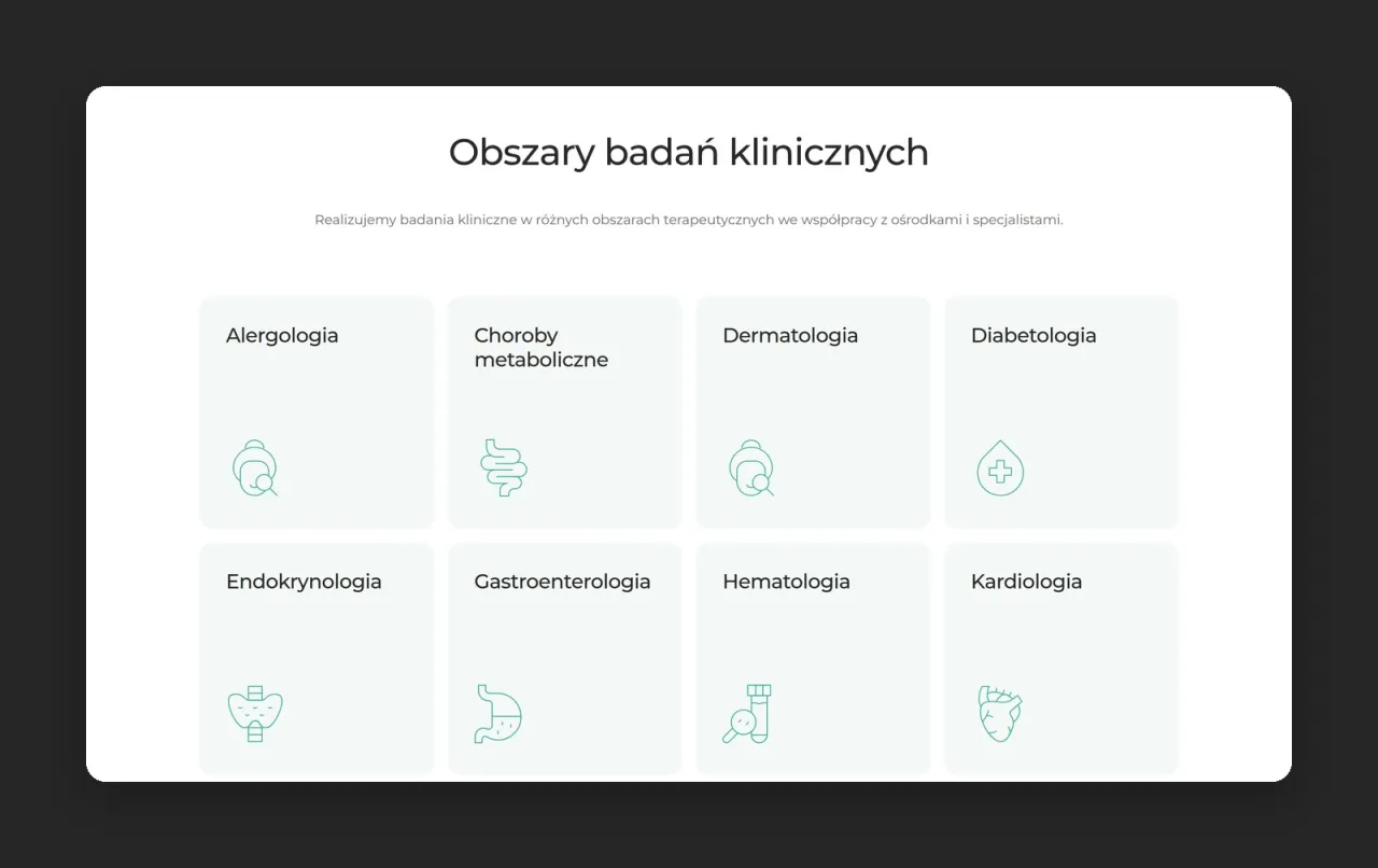 Kafle obszarów badań klinicznych z ikonami: alergologia, choroby metaboliczne, dermatologia, diabetologia i inne