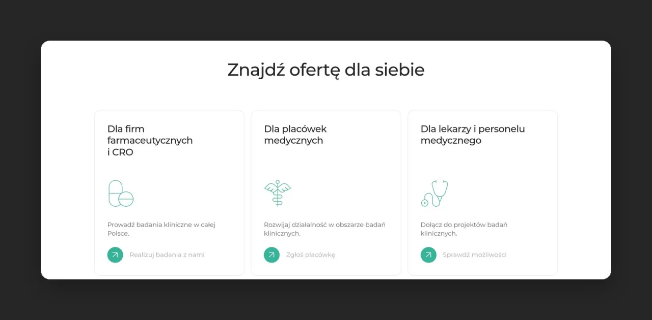 Sekcja Znajdź ofertę dla siebie: trzy kafle dla firm farmaceutycznych i CRO, placówek medycznych oraz lekarzy
