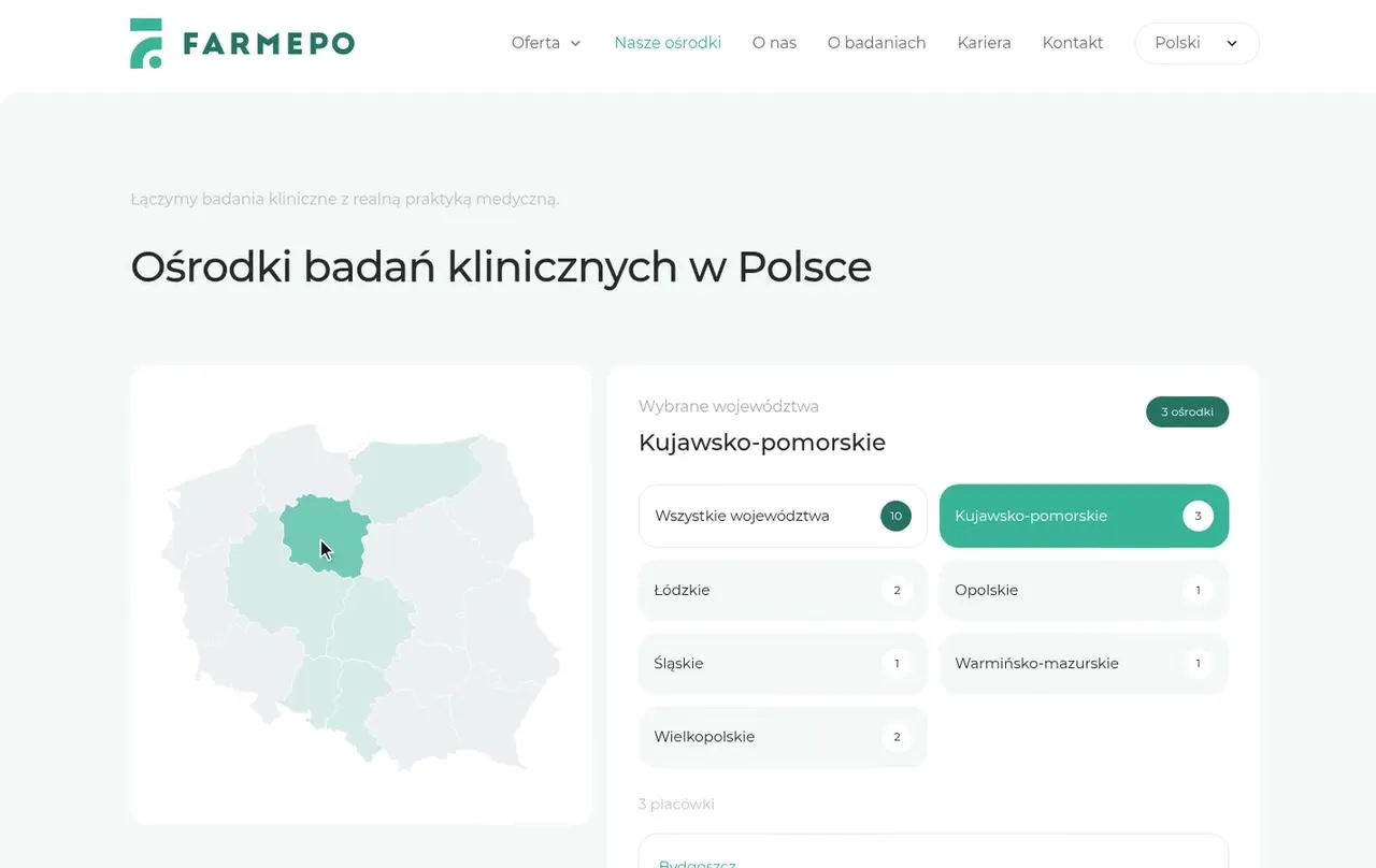 Podstrona Nasze ośrodki na farmepo.com: mapa Polski z wybranym województwem kujawsko-pomorskim i filtr województw