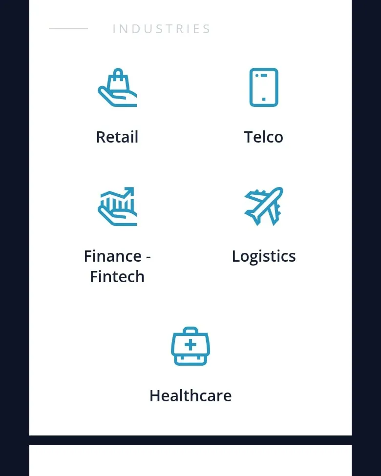 Ikony 5 branż na stronie głównej FlexDev na telefonie