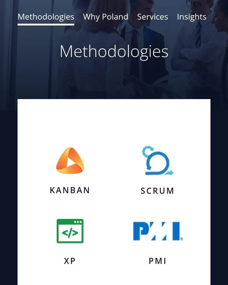 Podstrona „Methodologies” z logotypami metodyk na telefonie