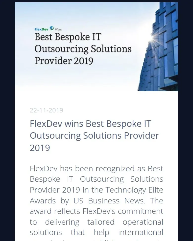 Artykuł o wyróżnieniu „Best Bespoke IT Outsourcing Solutions Provider 2019” w dziale Insights na telefonie