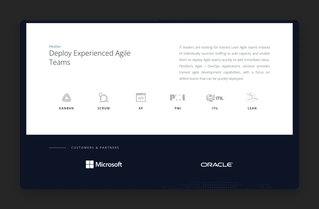 Sekcja „Deploy Experienced Agile Teams” z metodykami i logotypami klientów i partnerów