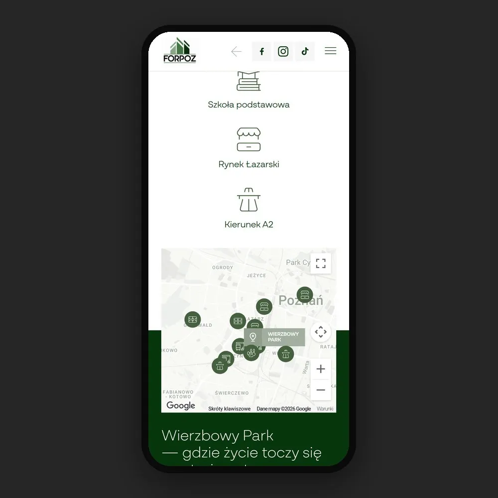 Sekcja W okolicy ul. Wrońskiego i mapa okolicy na telefonie