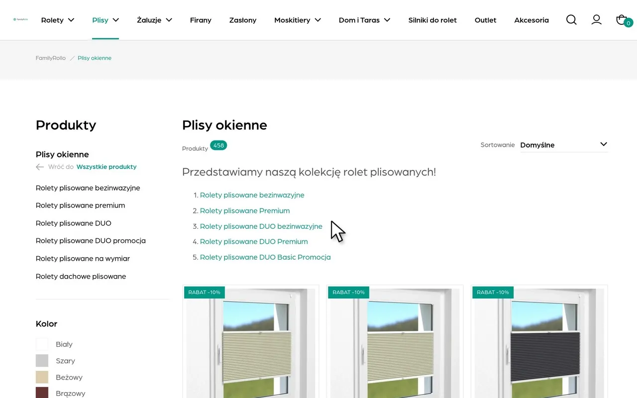Lista „Plisy okienne” na familyrollo.pl z filtrami koloru, sposobu montażu i kolekcji
