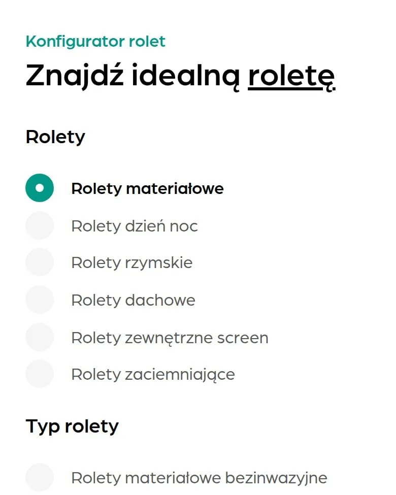 Konfigurator rolet „Znajdź idealną roletę” na telefonie