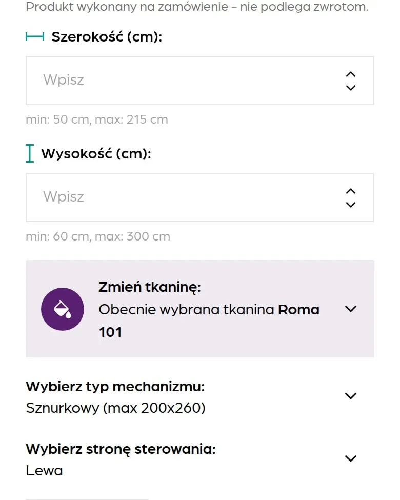 Pola wymiarów, wybór tkaniny i cena na karcie produktu na telefonie