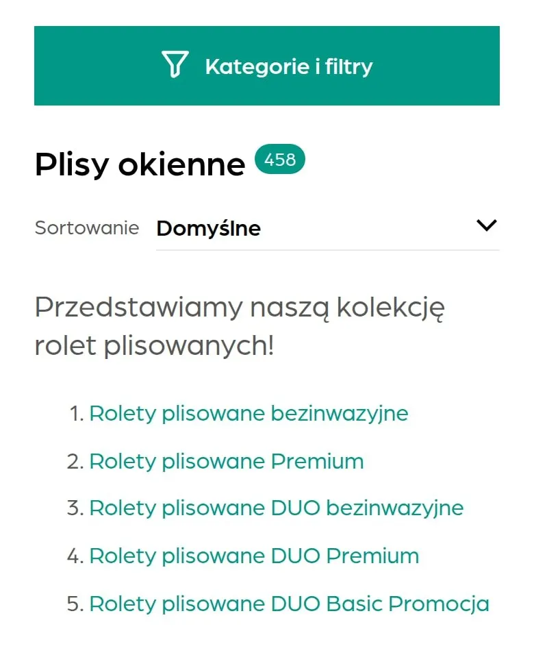 Lista „Plisy okienne” z przyciskiem „Kategorie i filtry” na telefonie