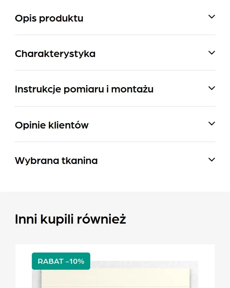 Zwinięte sekcje karty produktu i „Inni kupili również” na telefonie