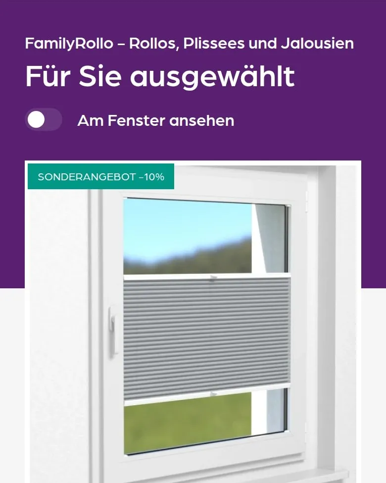 Sekcja „Für Sie ausgewählt” z przełącznikiem „Am Fenster ansehen” na familyrollo.de na telefonie