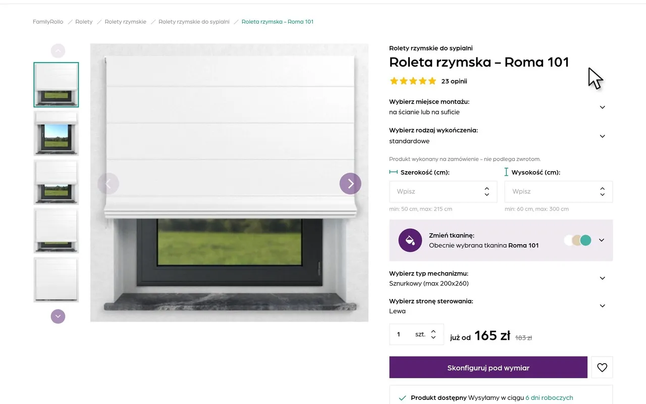 Karta produktu Roleta rzymska – Roma 101 na familyrollo.pl z konfiguratorem: montaż, wykończenie, wymiary i tkanina