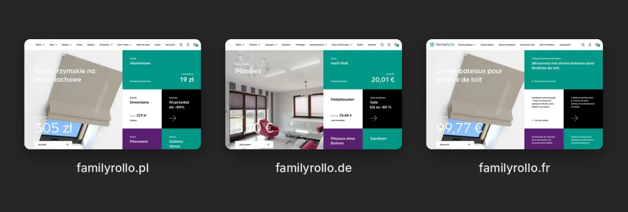 Strony główne sklepów familyrollo.pl, familyrollo.de i familyrollo.fr