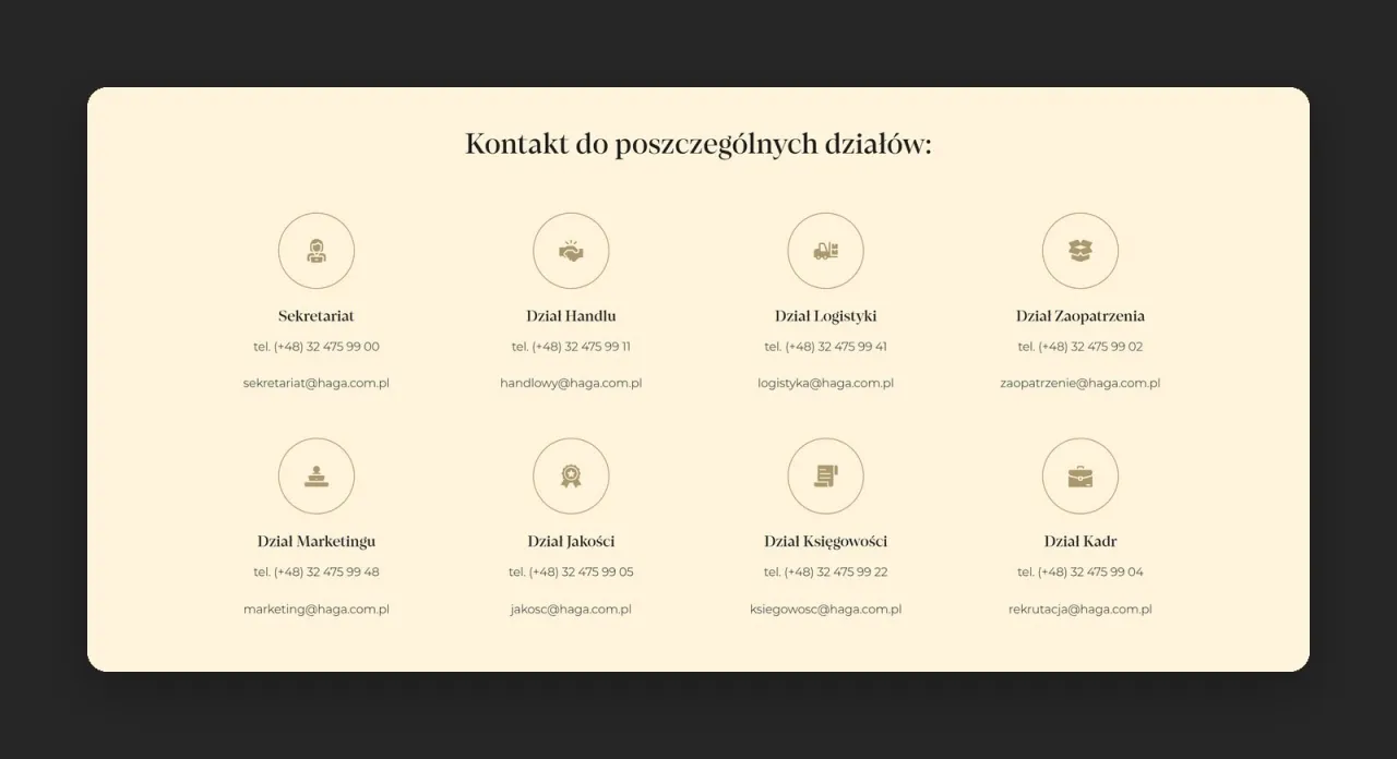 Kontakt do 8 działów Zakładów Mięsnych HAGA na podstronie Kontakt