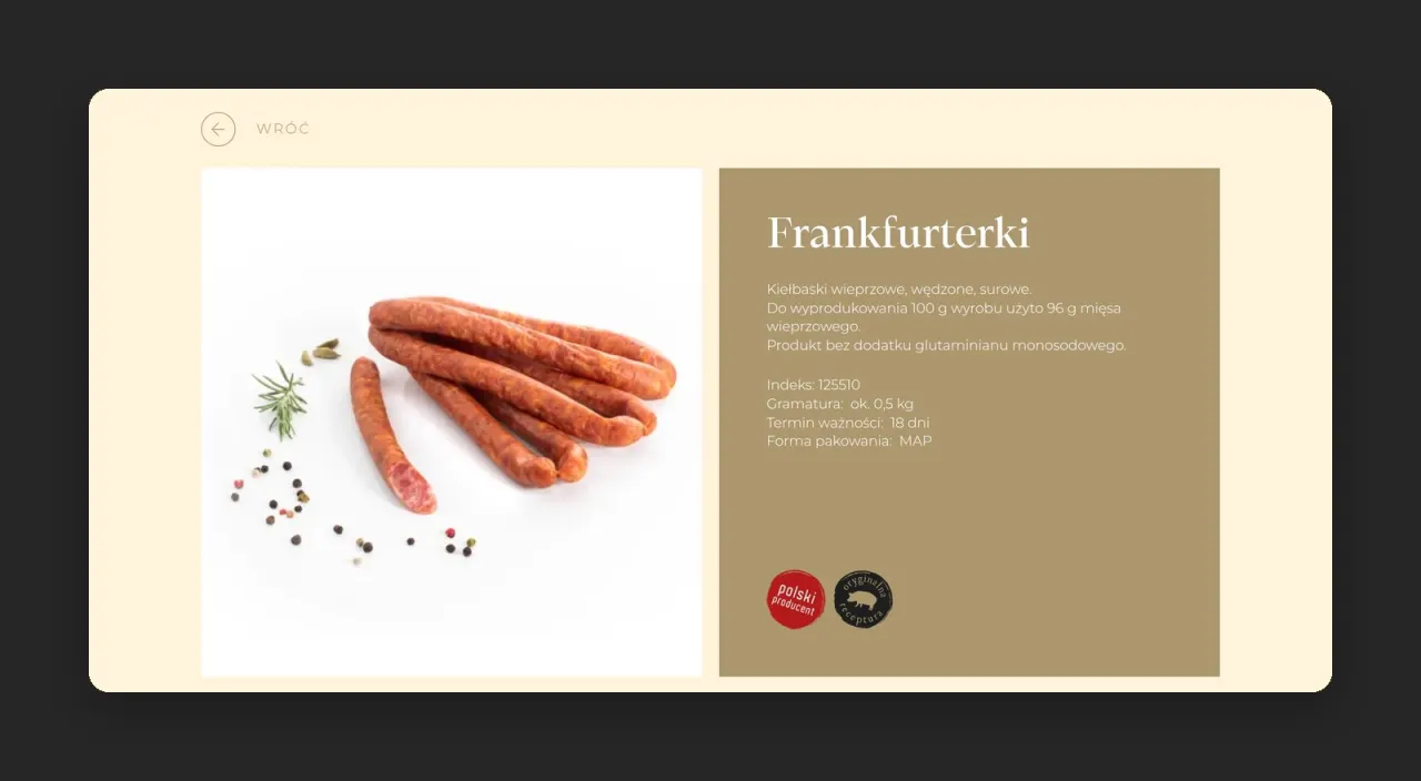 Karta produktu Frankfurterki: opis, indeks, gramatura, termin ważności i forma pakowania