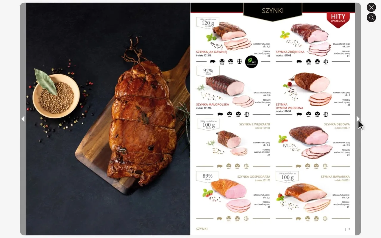 Katalog produktów HAGA w formie flipbooka – rozkładówka z szynkami