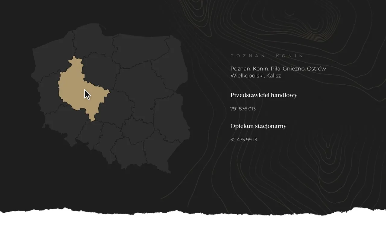 Mapa „Regiony, na których działamy” na haga.com.pl z zaznaczonym regionem i kontaktami do handlowca