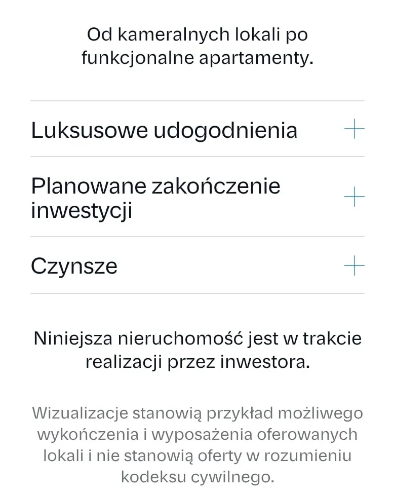 Rozwijane sekcje na podstronie inwestycji Mountain Dreams na telefonie