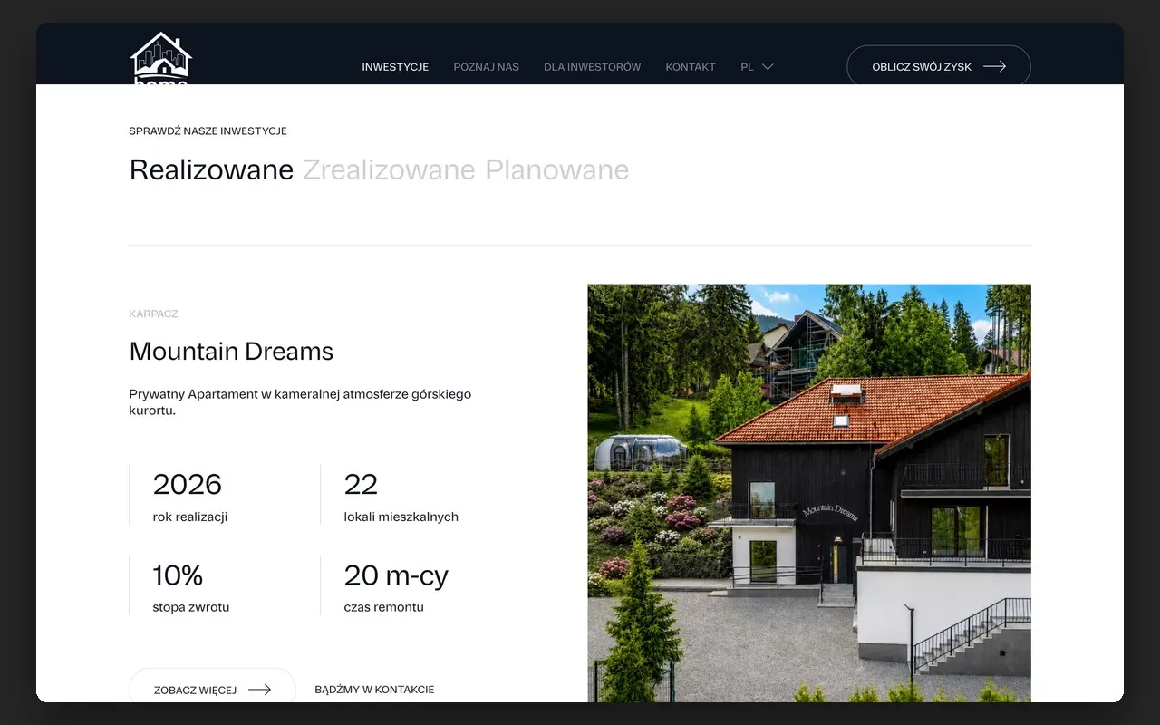 Podstrona „Inwestycje” HOBU Polska z kartą inwestycji Mountain Dreams