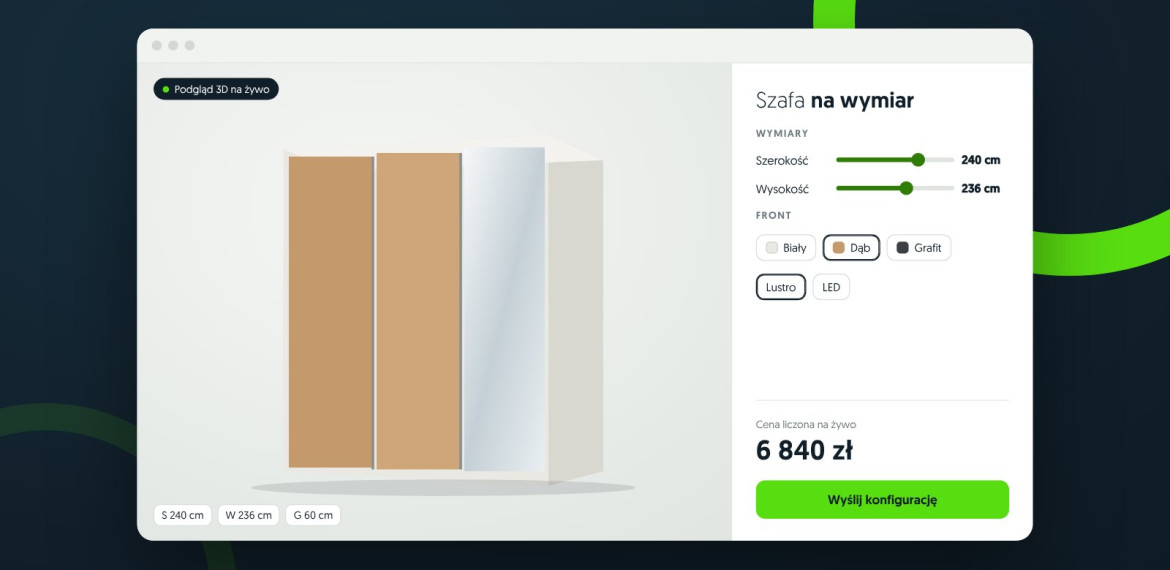 Ilustracja: konfigurator 3D szafy na wymiar z ceną liczoną na żywo