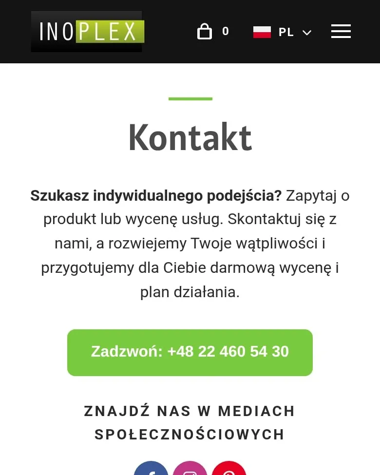 Strona kontaktu Inoplex na telefonie