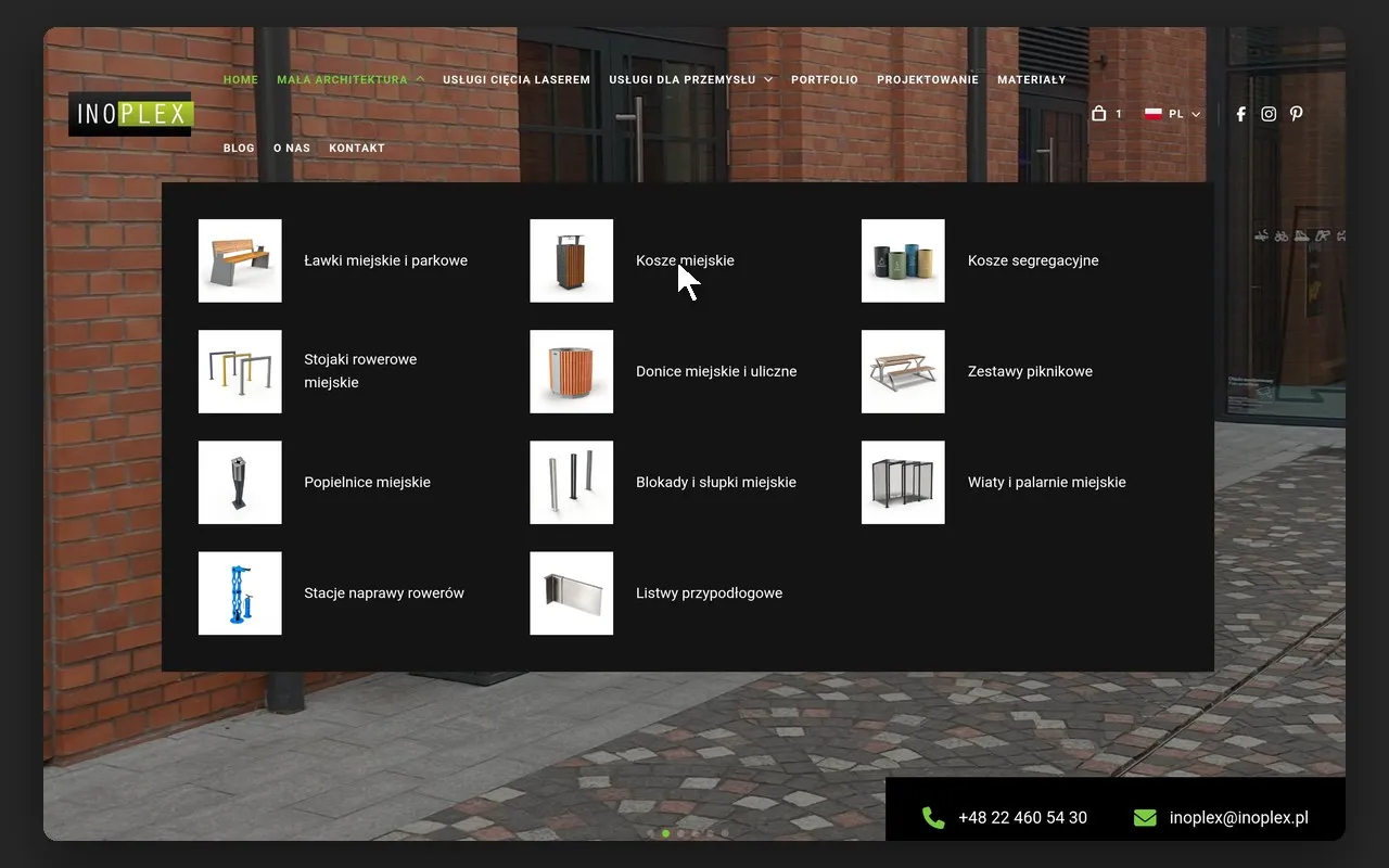 Rozwinięte menu „Mała architektura” z 11 kategoriami produktów na inoplex.pl