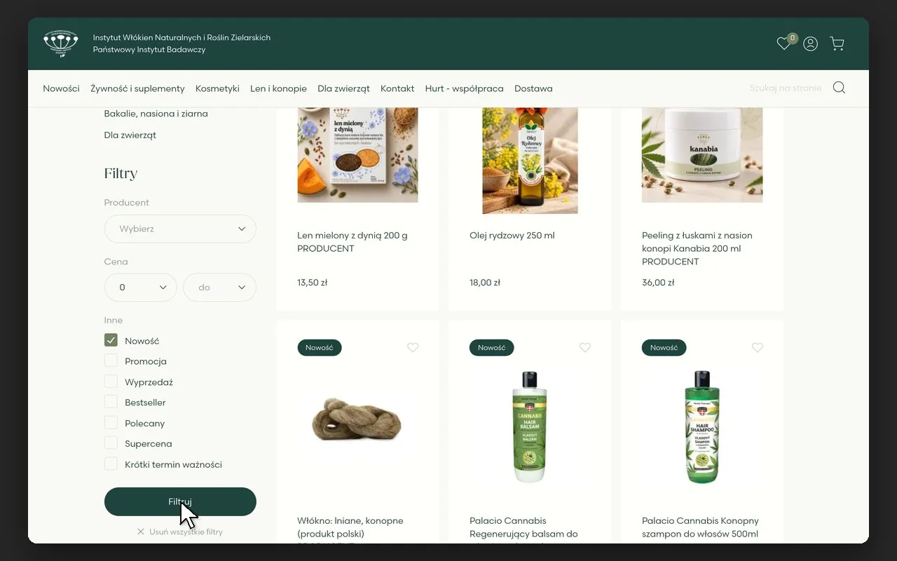 Lista produktów sklepu IWNiRZ z zaznaczonym filtrem „Nowość” i przyciskiem „Filtruj”