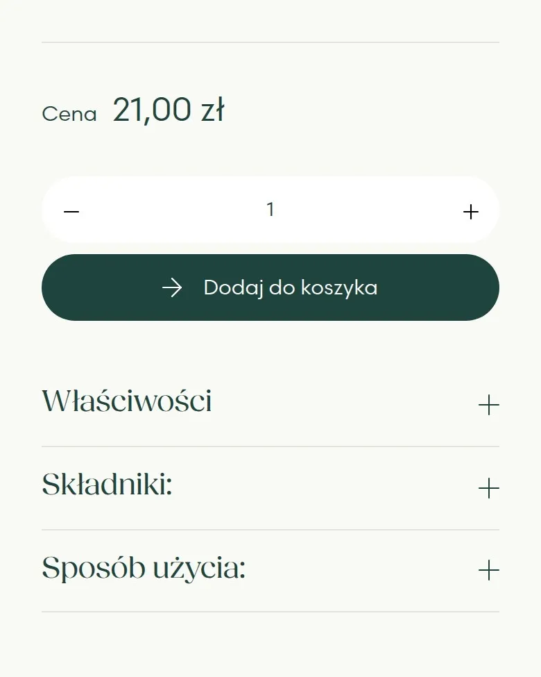 Cena, przycisk „Dodaj do koszyka” i sekcje „Właściwości”, „Składniki”, „Sposób użycia” na telefonie