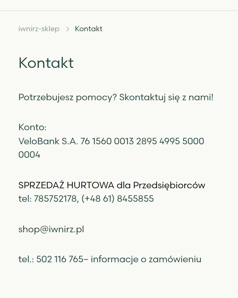 Podstrona „Kontakt” sklepu IWNiRZ na telefonie