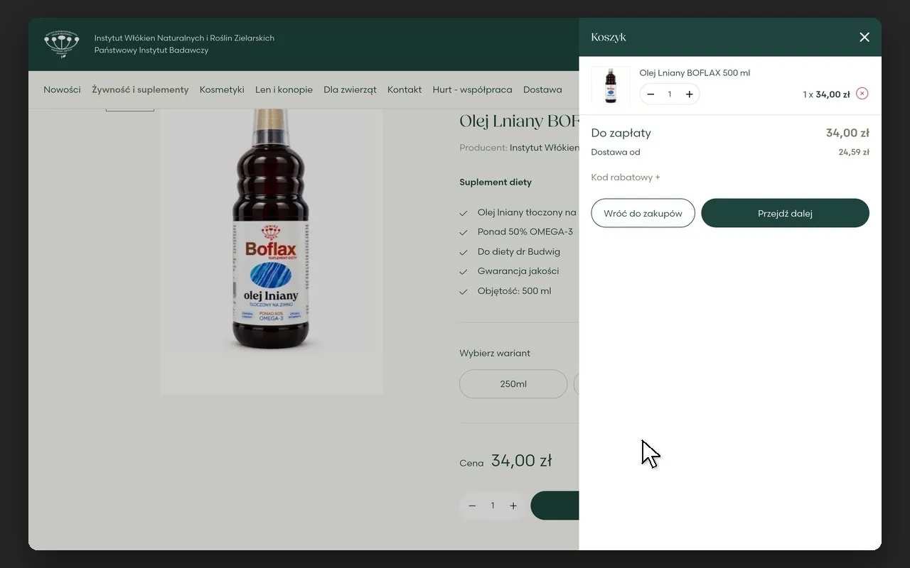 Panel koszyka z olejem lnianym BOFLAX 500 ml na karcie produktu w sklepie IWNiRZ