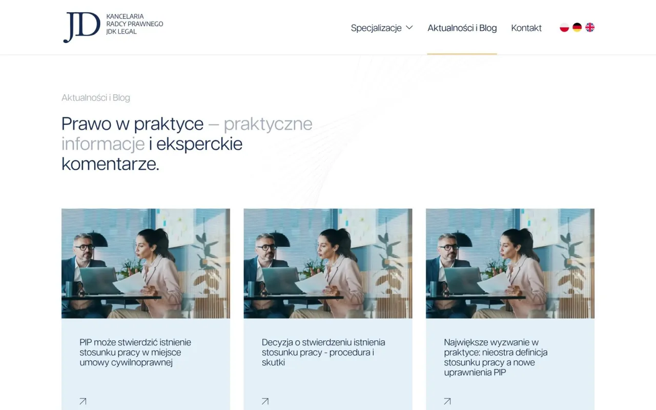 Dział „Aktualności i Blog” na stronie JDK Legal