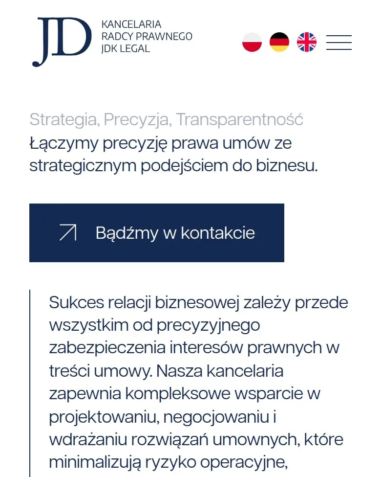 Podstrona specjalizacji „Umowy handlowe” na telefonie