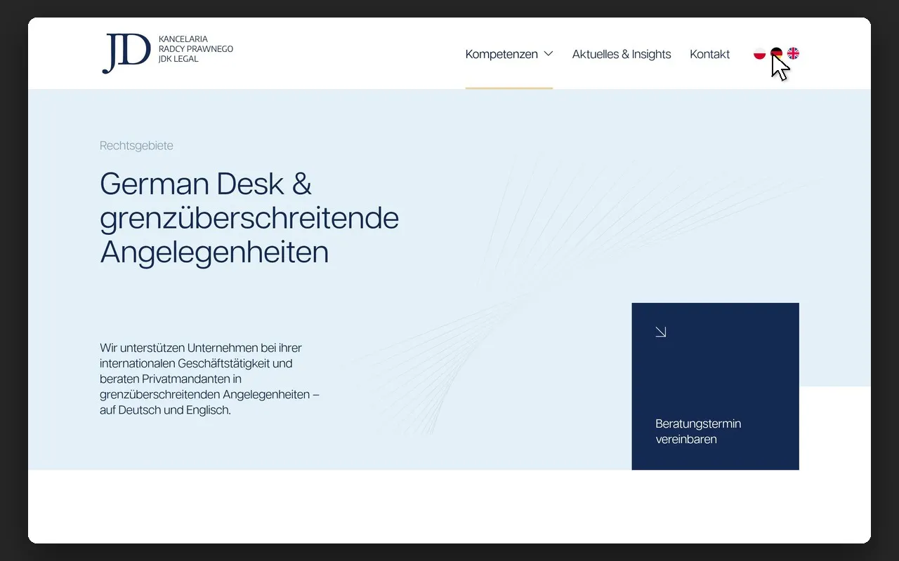 Podstrona German Desk w niemieckiej wersji strony JDK Legal