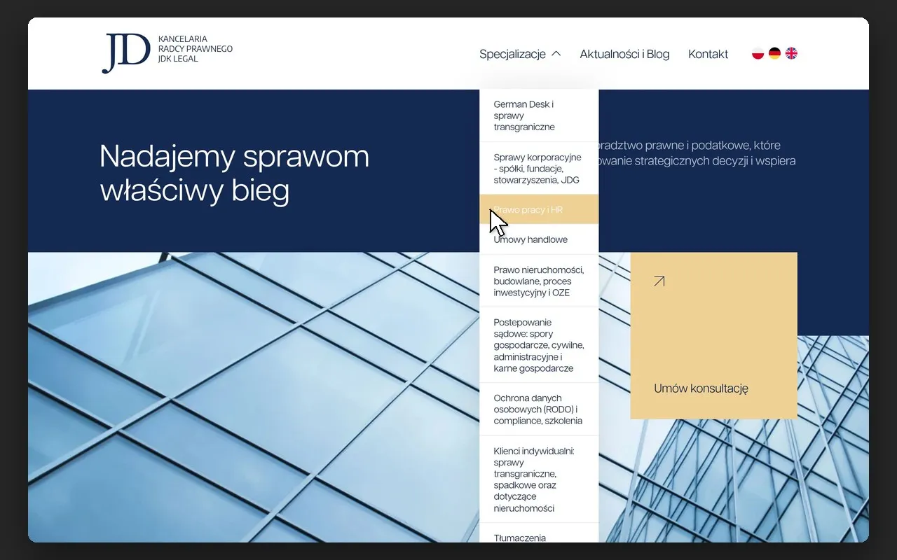 Rozwinięte menu „Specjalizacje” na stronie kancelarii JDK Legal